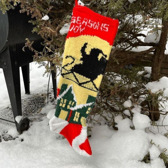 Vintage Knit Christmas Stocking Santa Sleigh Scene Handmade Red Green Yellow - Picture 3 of 7